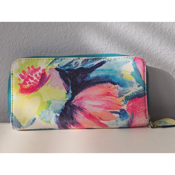 GUESS Color‑Splash Watercolour Zip‑Around Wallet Large Organizer Clutch Tropical - Picture 2 of 6